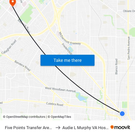 Five Points Transfer Area - Southbound to Audie L Murphy VA Hospital STVHCS map