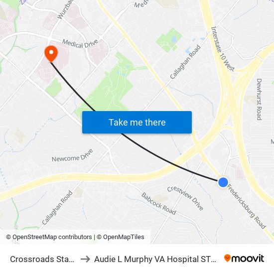 Crossroads Station to Audie L Murphy VA Hospital STVHCS map