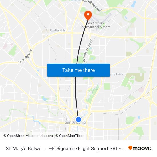 St. Mary's Between Convent & Mart to Signature Flight Support SAT - San Antonio Int'l Airport South map