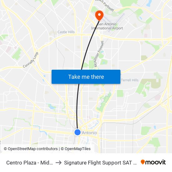 Centro Plaza - Mid Block East (Stop D) to Signature Flight Support SAT - San Antonio Int'l Airport South map