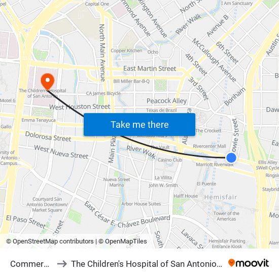 Commerce & Bowie to The Children's Hospital of San Antonio (Christus Santa Rosa Children's) map