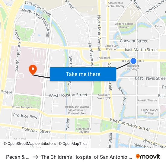 Pecan & St. Mary's to The Children's Hospital of San Antonio (Christus Santa Rosa Children's) map