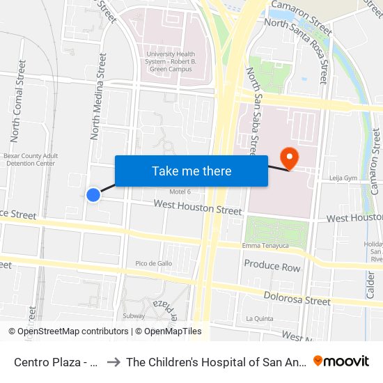 Centro Plaza - SW Corner (Stop A) to The Children's Hospital of San Antonio (Christus Santa Rosa Children's) map