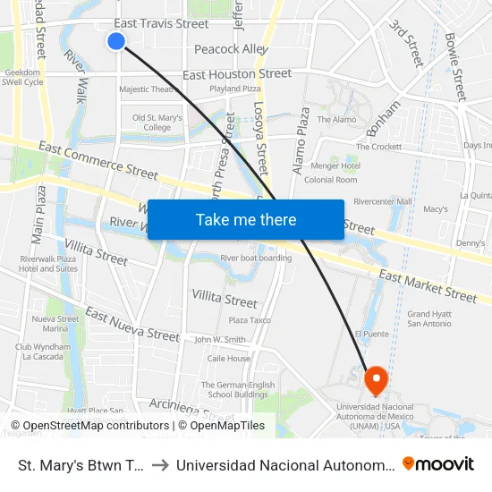St. Mary's Btwn Travis & Houston to Universidad Nacional Autonoma De Mexico (Unam) - Usa map