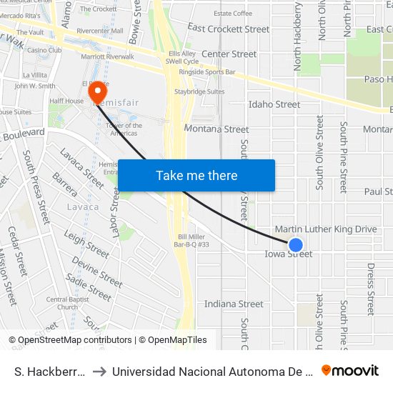 S. Hackberry & Iowa to Universidad Nacional Autonoma De Mexico (Unam) - Usa map