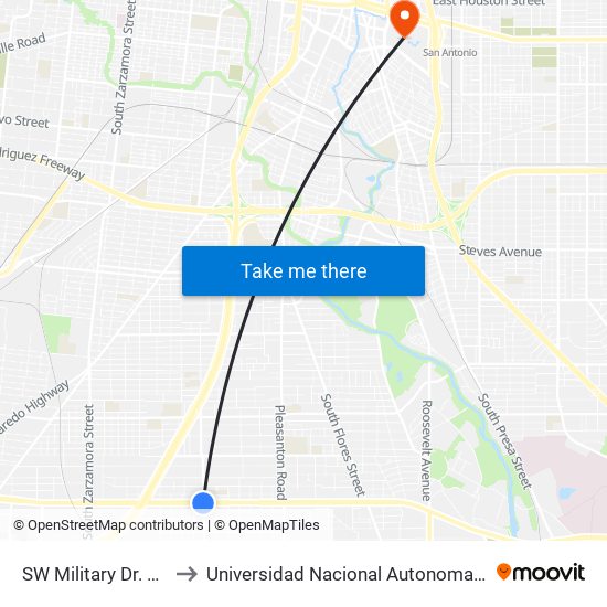 SW Military Dr. & Commercial to Universidad Nacional Autonoma De Mexico (Unam) - Usa map