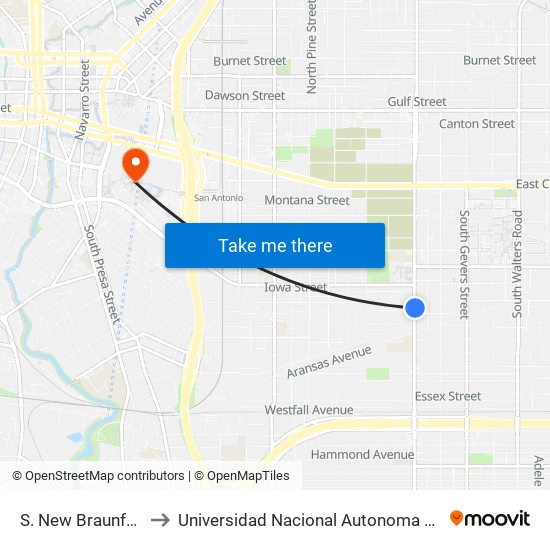 S. New Braunfels & Nelson to Universidad Nacional Autonoma De Mexico (Unam) - Usa map