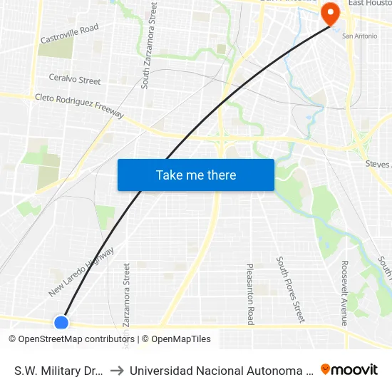 S.W. Military Dr. & Somerset to Universidad Nacional Autonoma De Mexico (Unam) - Usa map