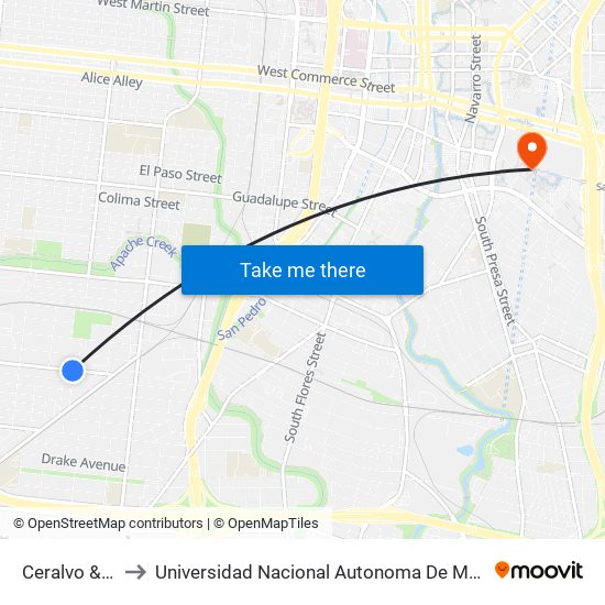 Ceralvo & Trinity to Universidad Nacional Autonoma De Mexico (Unam) - Usa map