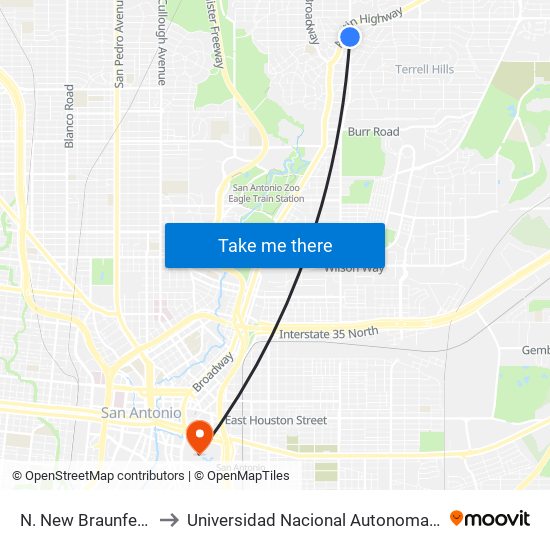 N. New Braunfels & Montclair to Universidad Nacional Autonoma De Mexico (Unam) - Usa map