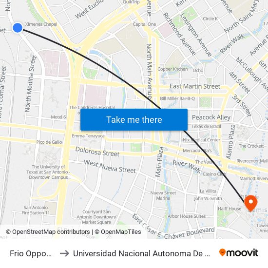 Frio Opposite Leal to Universidad Nacional Autonoma De Mexico (Unam) - Usa map