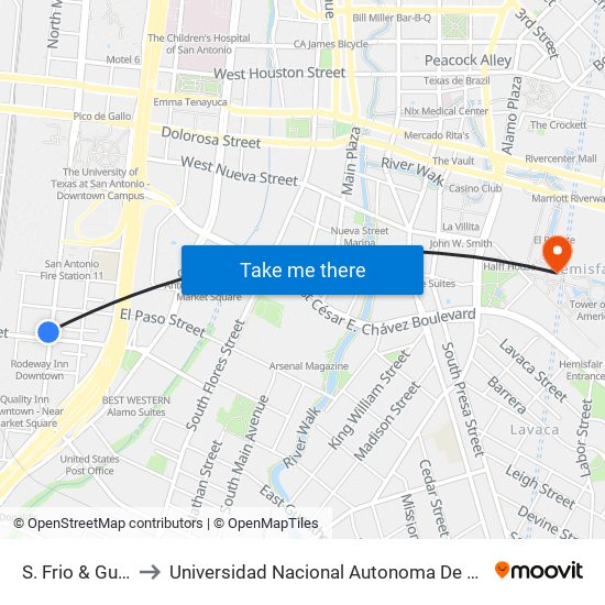 S. Frio & Guadalupe to Universidad Nacional Autonoma De Mexico (Unam) - Usa map