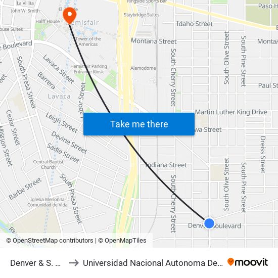 Denver & S. Hackberry to Universidad Nacional Autonoma De Mexico (Unam) - Usa map