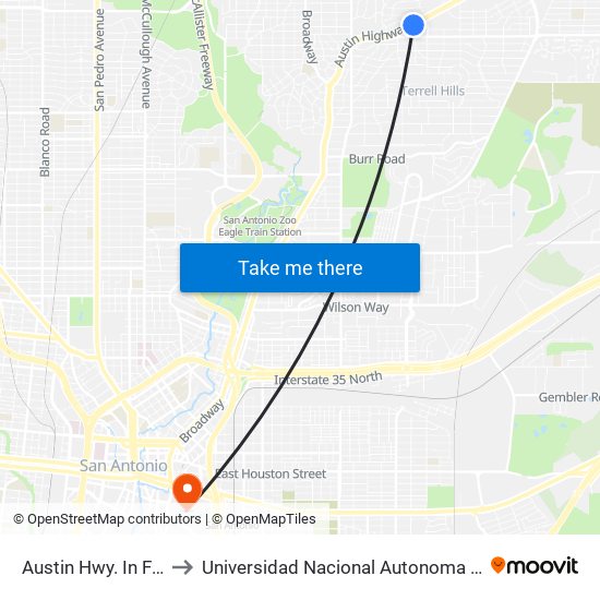 Austin Hwy. In Front Of 1110 to Universidad Nacional Autonoma De Mexico (Unam) - Usa map