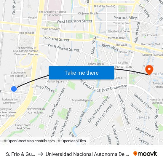 S. Frio & Guadalupe to Universidad Nacional Autonoma De Mexico (Unam) - Usa map