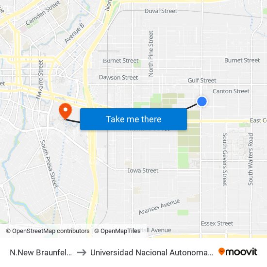 N.New Braunfels & Center St. to Universidad Nacional Autonoma De Mexico (Unam) - Usa map