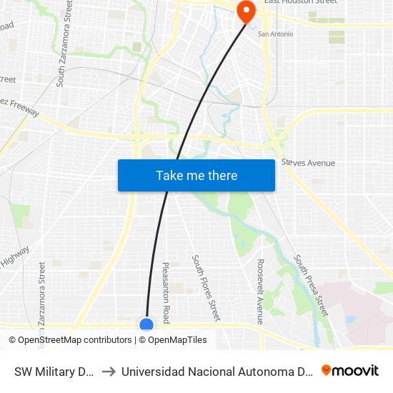 SW Military Dr. & Mango to Universidad Nacional Autonoma De Mexico (Unam) - Usa map