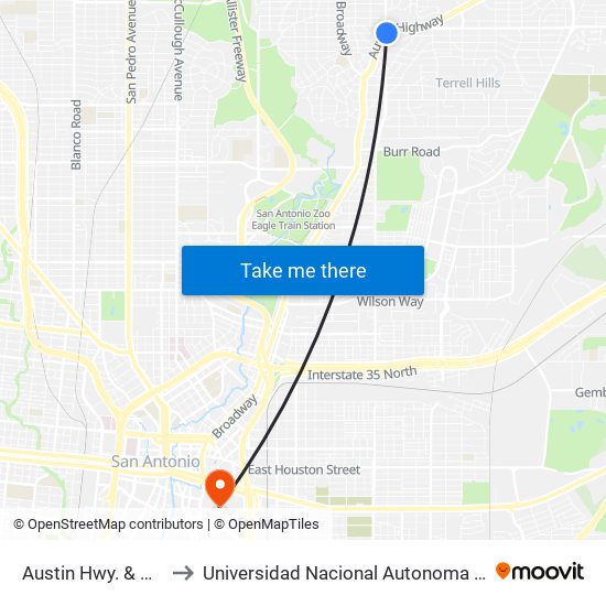 Austin Hwy. & N. New Brnfls. to Universidad Nacional Autonoma De Mexico (Unam) - Usa map