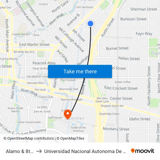 Alamo & 8th Street to Universidad Nacional Autonoma De Mexico (Unam) - Usa map