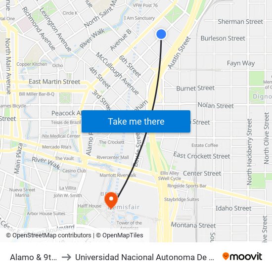 Alamo & 9th Street to Universidad Nacional Autonoma De Mexico (Unam) - Usa map