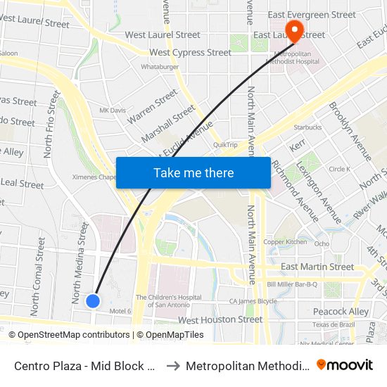 Centro Plaza - Mid Block East (Stop D) to Metropolitan Methodist Hospital map