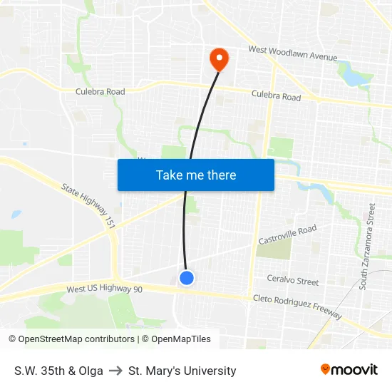 S.W. 35th & Olga to St. Mary's University map