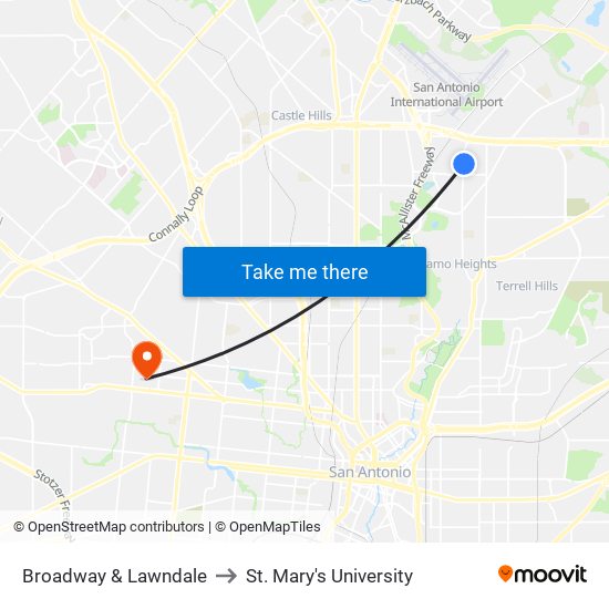 Broadway & Lawndale to St. Mary's University map