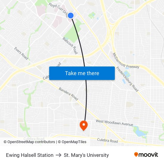 Ewing Halsell Station to St. Mary's University map