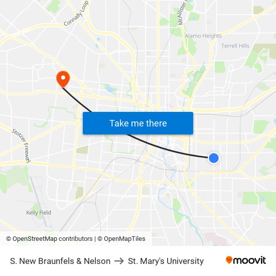 S. New Braunfels & Nelson to St. Mary's University map