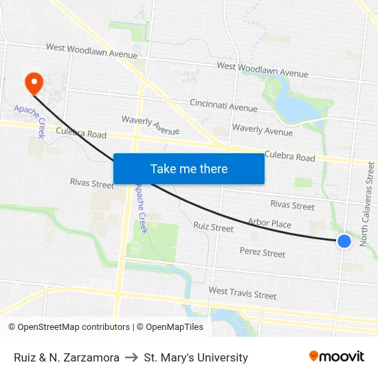 Ruiz & N. Zarzamora to St. Mary's University map