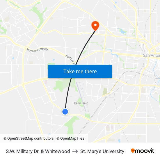 S.W. Military Dr. & Whitewood to St. Mary's University map