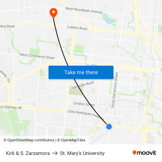 Kirk & S. Zarzamora to St. Mary's University map