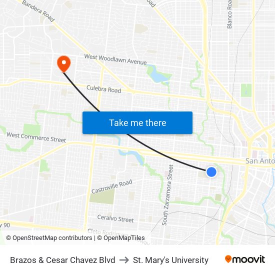 Brazos & Cesar Chavez Blvd to St. Mary's University map