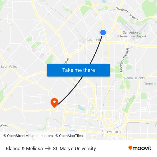 Blanco & Melissa to St. Mary's University map