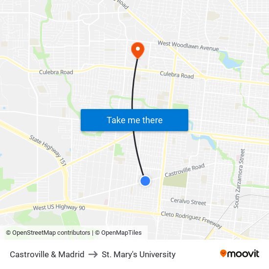 Castroville & Madrid to St. Mary's University map