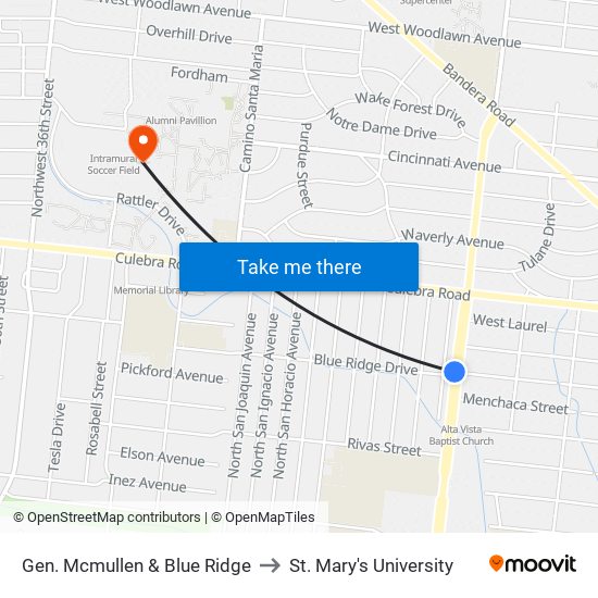 Gen. Mcmullen & Blue Ridge to St. Mary's University map