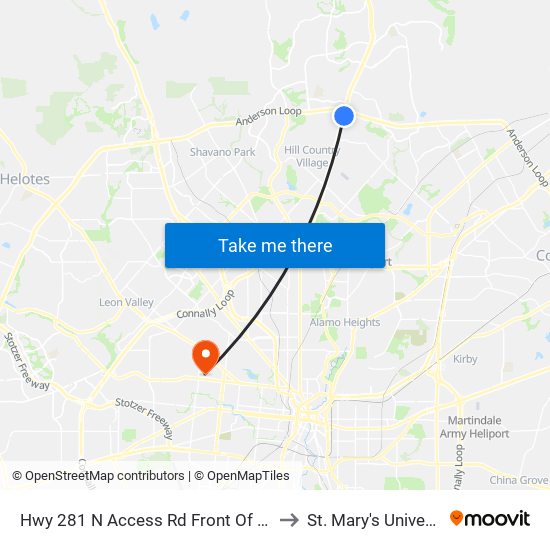 Hwy 281 N Access Rd Front Of H.E.B. to St. Mary's University map