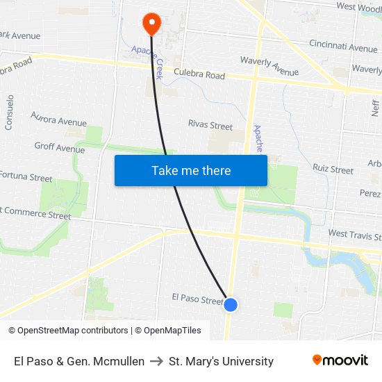 El Paso &  Gen. Mcmullen to St. Mary's University map