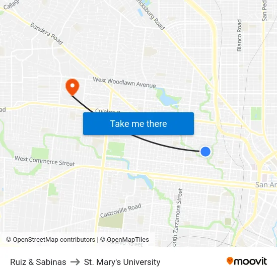 Ruiz & Sabinas to St. Mary's University map