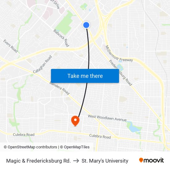 Magic & Fredericksburg Rd. to St. Mary's University map