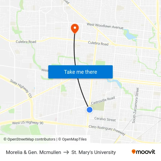 Morelia & Gen. Mcmullen to St. Mary's University map