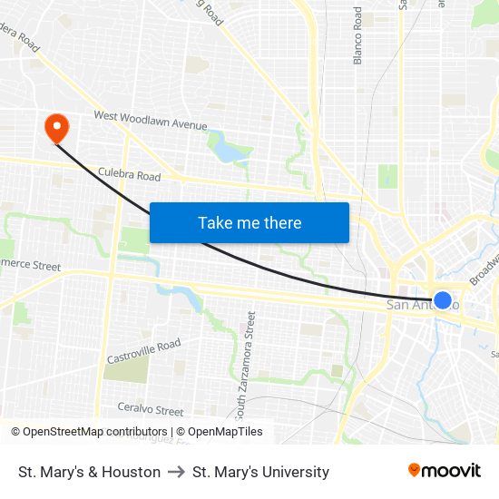 St. Mary's & Houston to St. Mary's University map