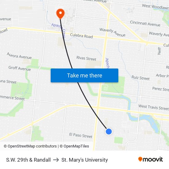 S.W. 29th & Randall to St. Mary's University map