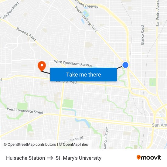 Huisache Station to St. Mary's University map