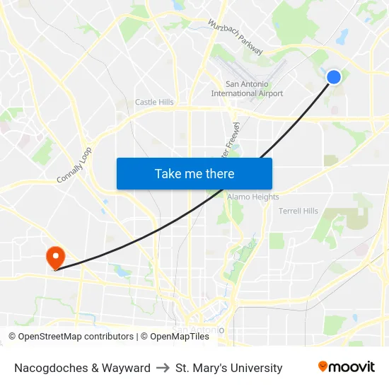 Nacogdoches & Wayward to St. Mary's University map