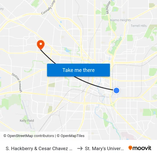 S. Hackberry & Cesar Chavez Blvd to St. Mary's University map