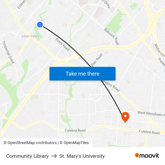 Community Library to St. Mary's University map