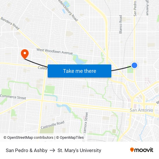 San Pedro & Ashby to St. Mary's University map