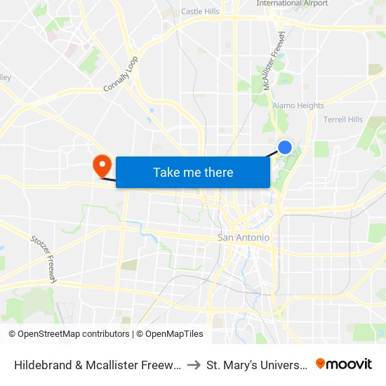 Hildebrand & Mcallister Freeway to St. Mary's University map