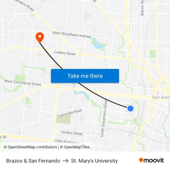 Brazos & San Fernando to St. Mary's University map